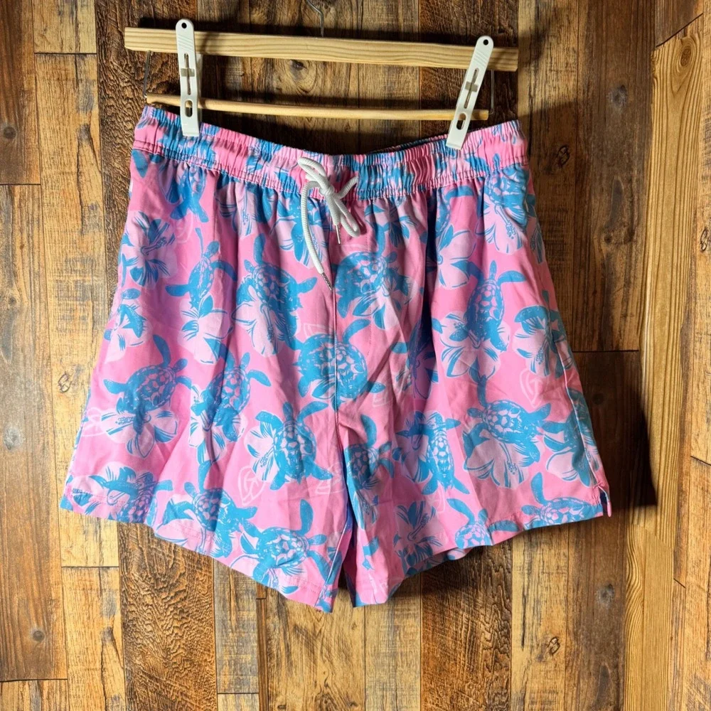 Shekini Men's XL Swim Trunks Pink Blue Turtle‎ Floral Drawstring Beach Shorts